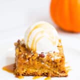 This pumpkin cake is perfect for pumpkin lovers everywhere. It has a brown sugar crumb cake bottom and top with a delicious pumpkin filling. It's very similar to a pumpkin dump cake but has a crumb cake layer on the bottom as well which adds an extra layer of deliciousness.