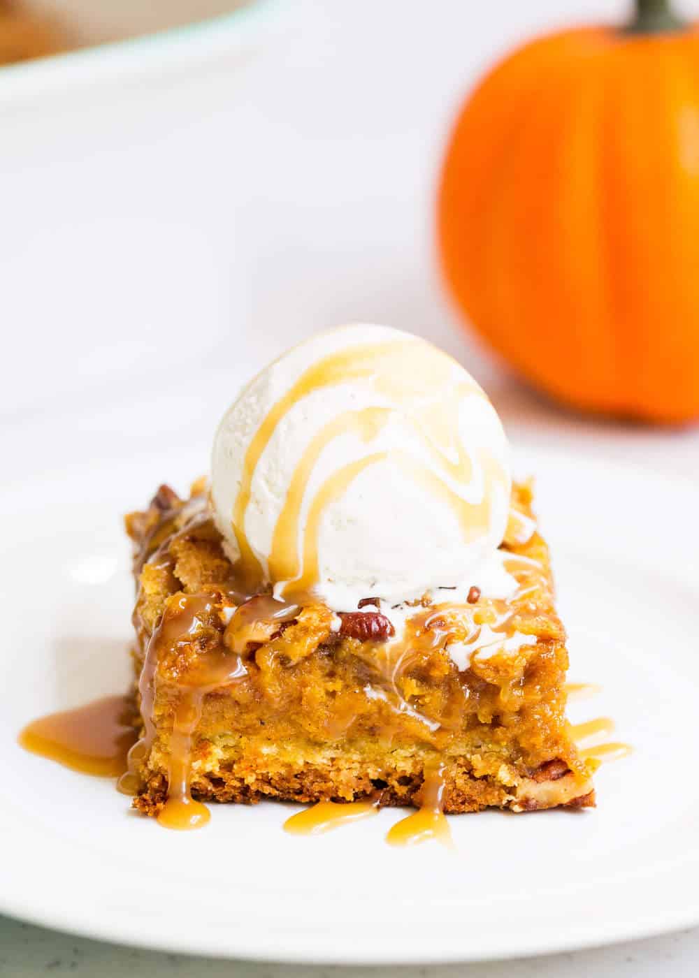 slice of pumpkin crunch cake on plate 