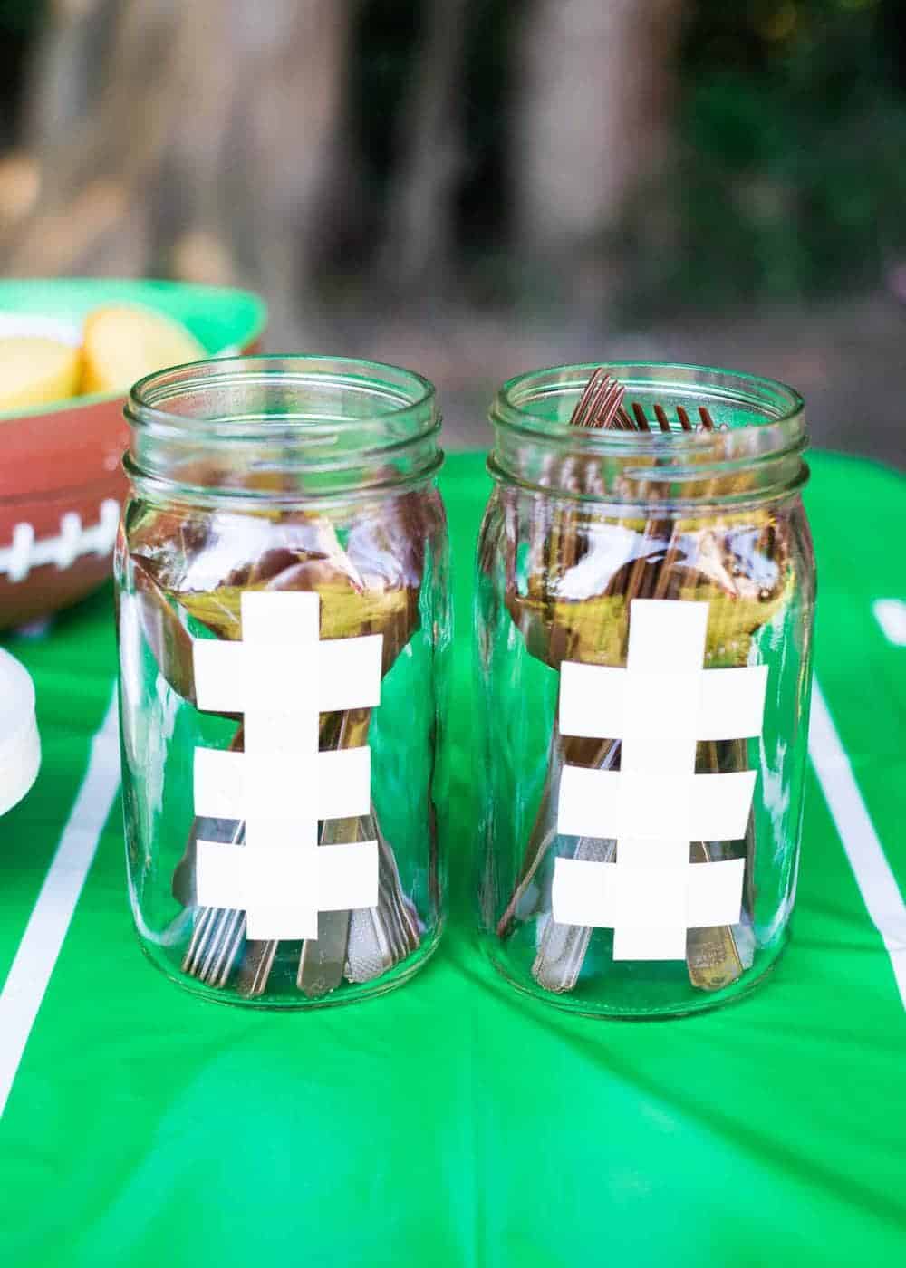 Fun and easy "silver wear" in decorated football mason jar.