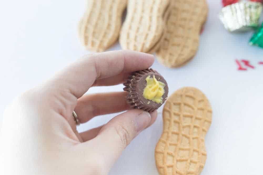 adding reeses cup on top of turkey cookies 