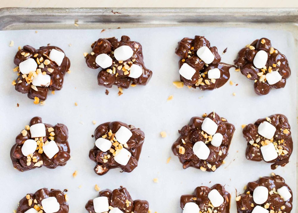 Rocky road candy on baking sheet.