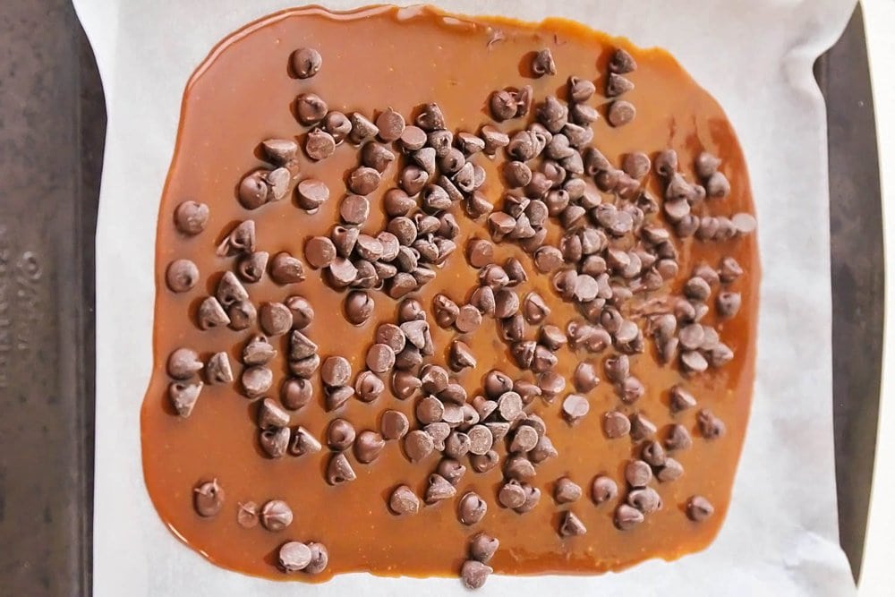 Homemade Toffee with chocolate chips on top.