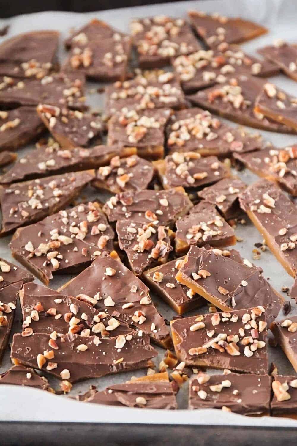 Homemade Toffee... this rich and buttery toffee takes about thirty minutes to make and is super easy too! Perfect for parties, holiday gifts, and snacking!
