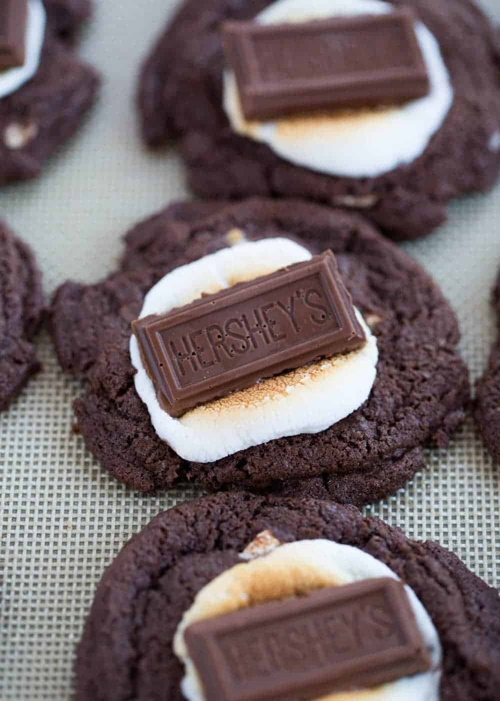 A close up of a hot chocolate marshmallow cookie 