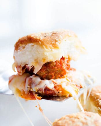 cheesy meatball slider on a spatula