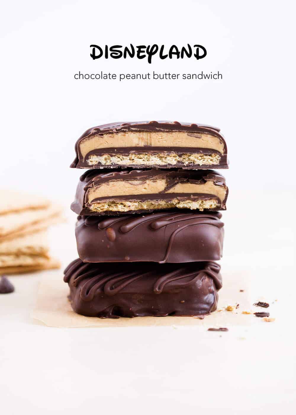 Stack of chocolate peanut butter graham cracker sandwiches.