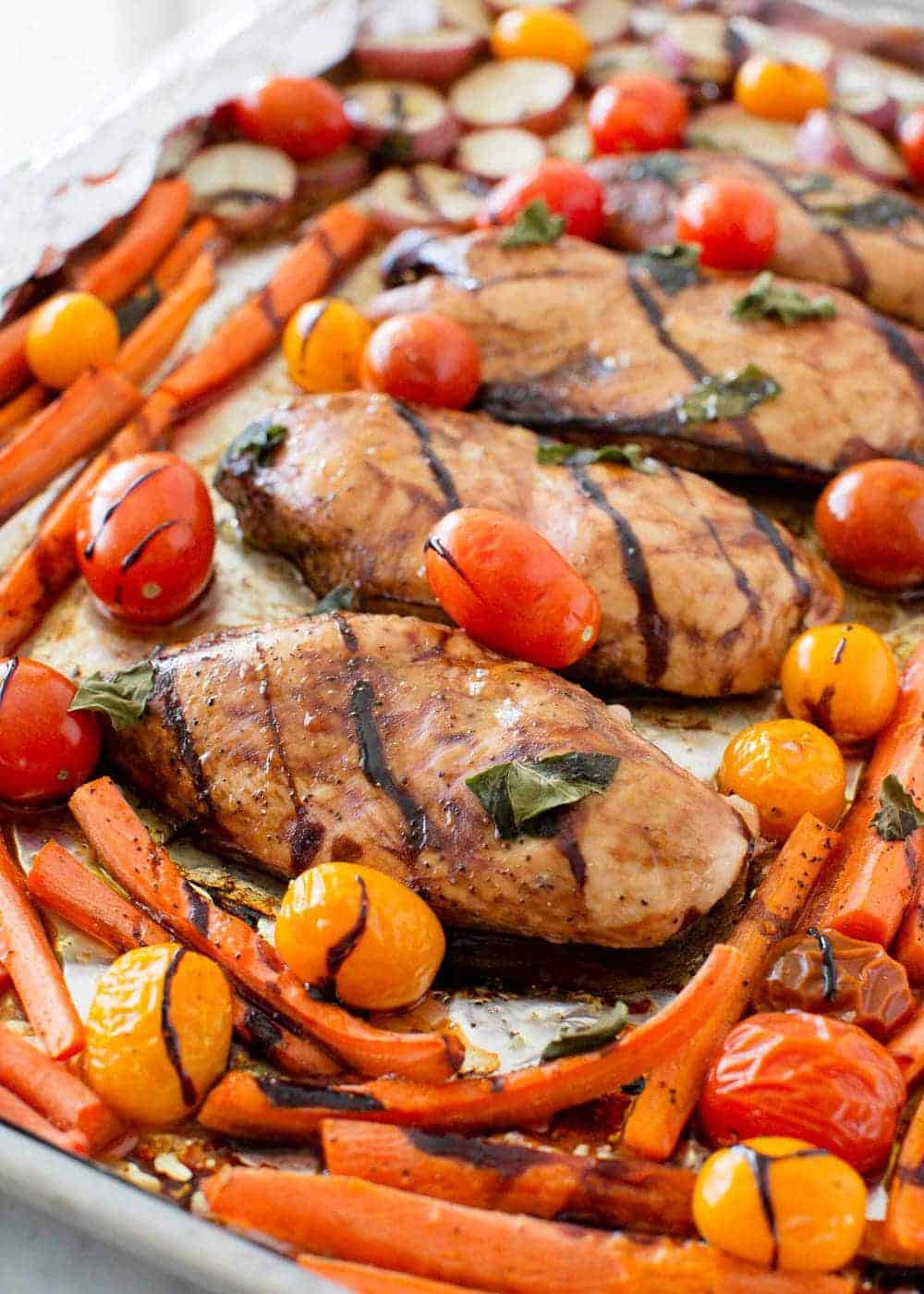 Baked balsamic chicken and vegetables.