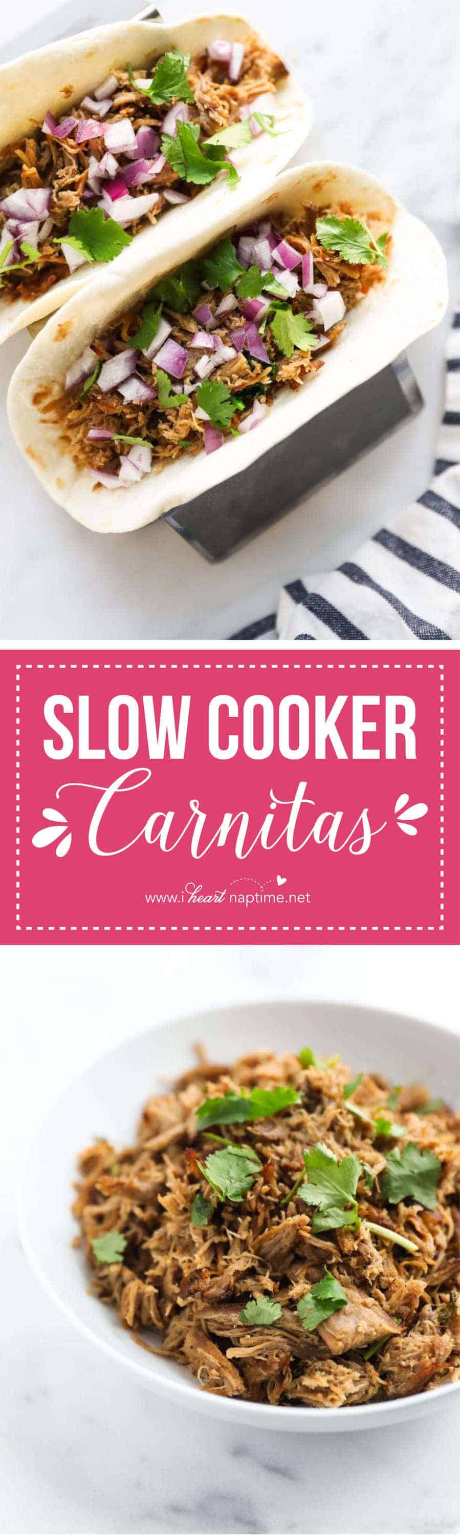 These Slow Cooker Carnitas are super easy to make and taste great in tacos, nachos, enchiladas or burritos! So tender and full of flavor!