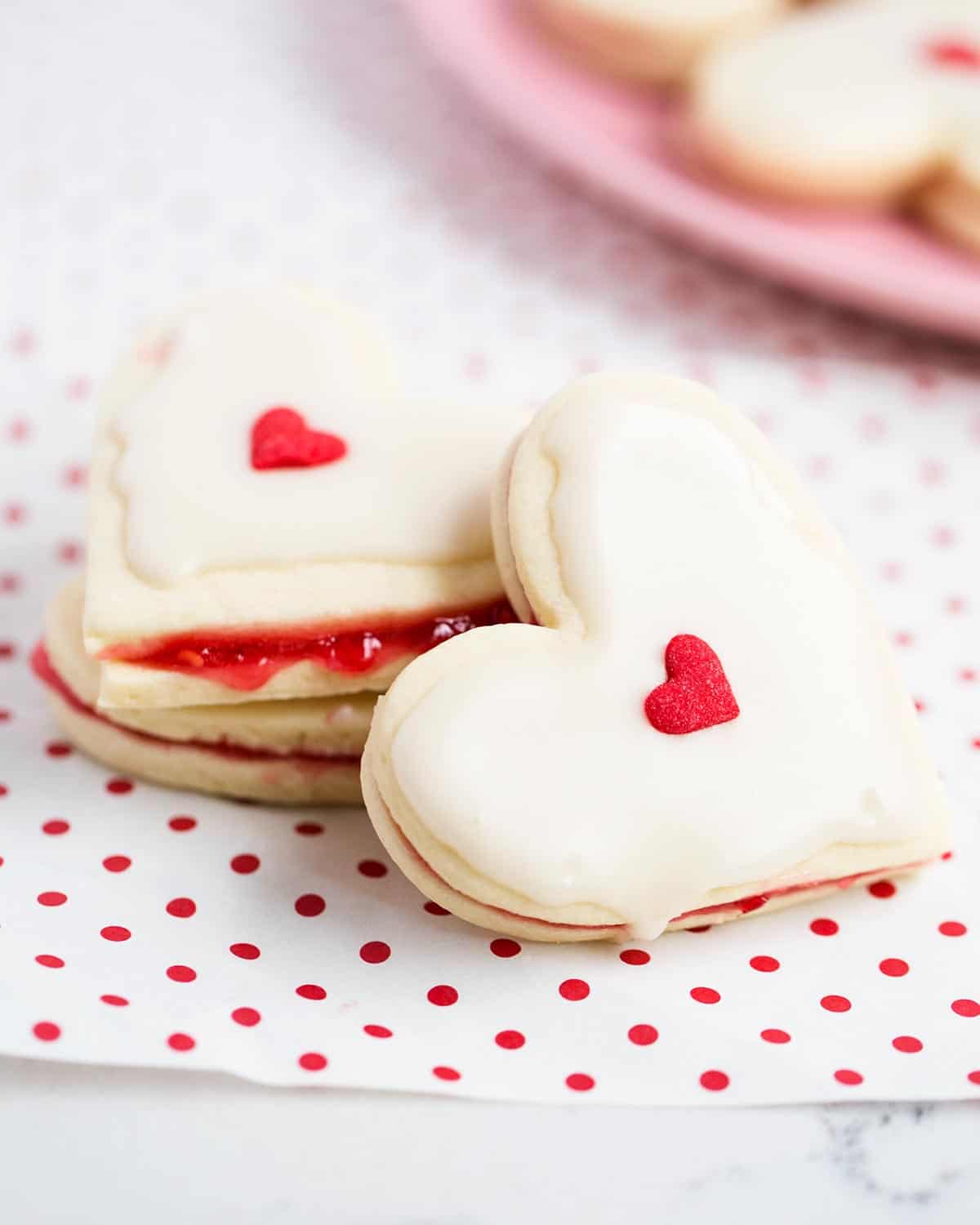 Heart shaped empire biscuits.