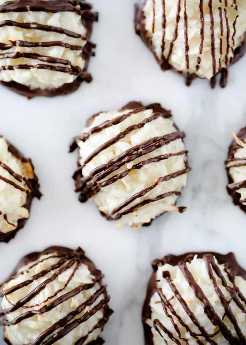 macaroon cookies drizzled in chocolate