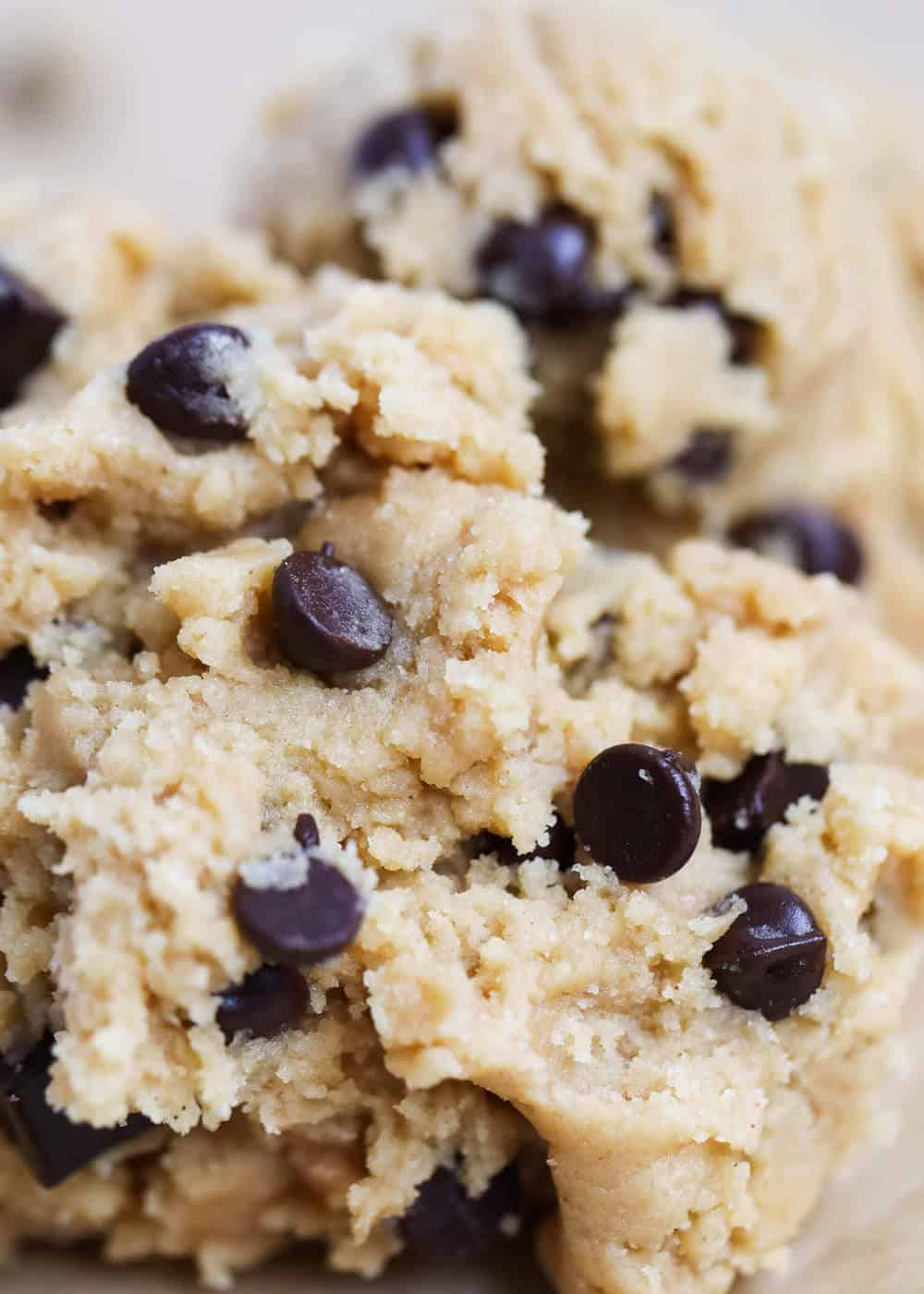 Cookie dough chocolate chip cookies in a bowl. 