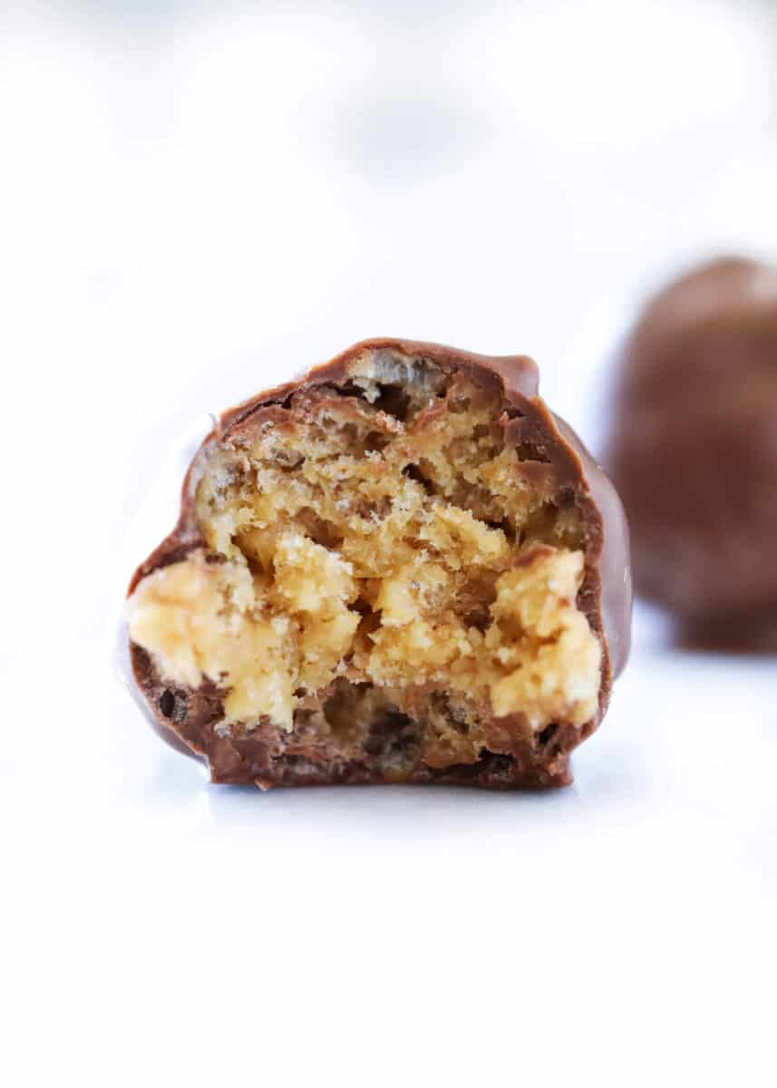 scotcheroo truffle with bite taken out 