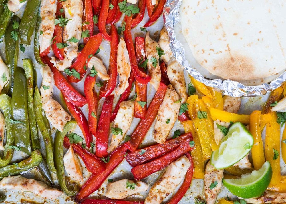 Sheet pan chicken fajitas.