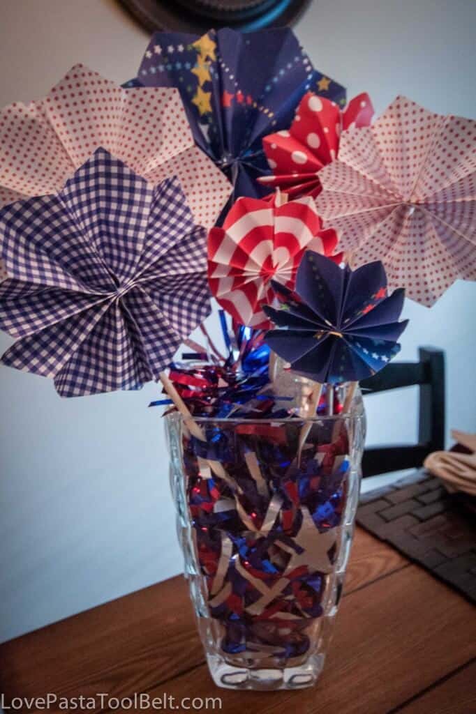 Paper Fireworks Centerpiece + 50 Festive Memorial Day BBQ Ideas...creative ways to kick-off summer and celebrate our freedom while remembering our fallen heroes!