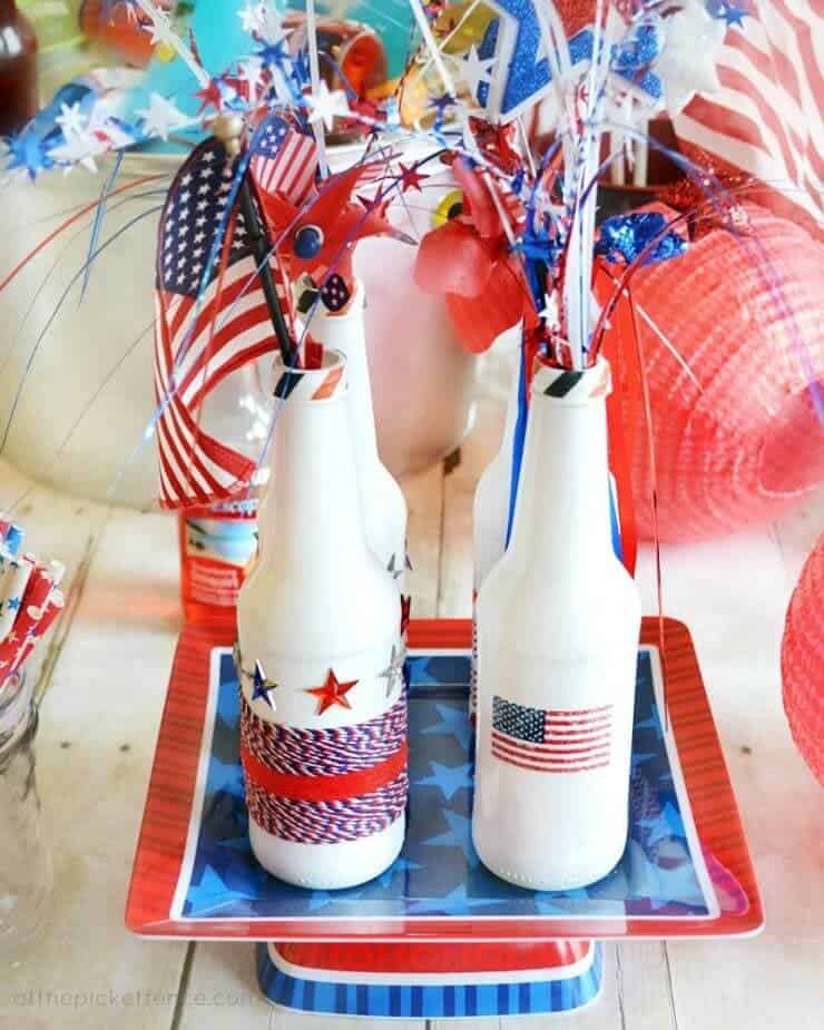 Recycled Bottles Patriotic Centerpiece + 50 Festive Memorial Day BBQ Ideas...creative ways to kick-off summer and celebrate our freedom while remembering our fallen heroes!
