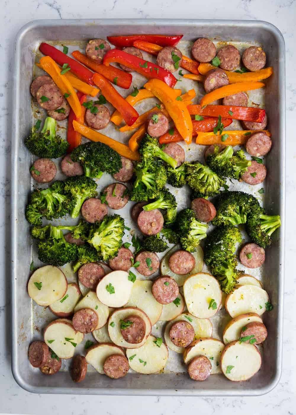 Sheet pan sausage and veggies.