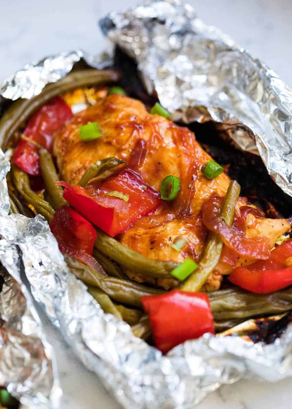 Bbq chicken foil packet with veggies.