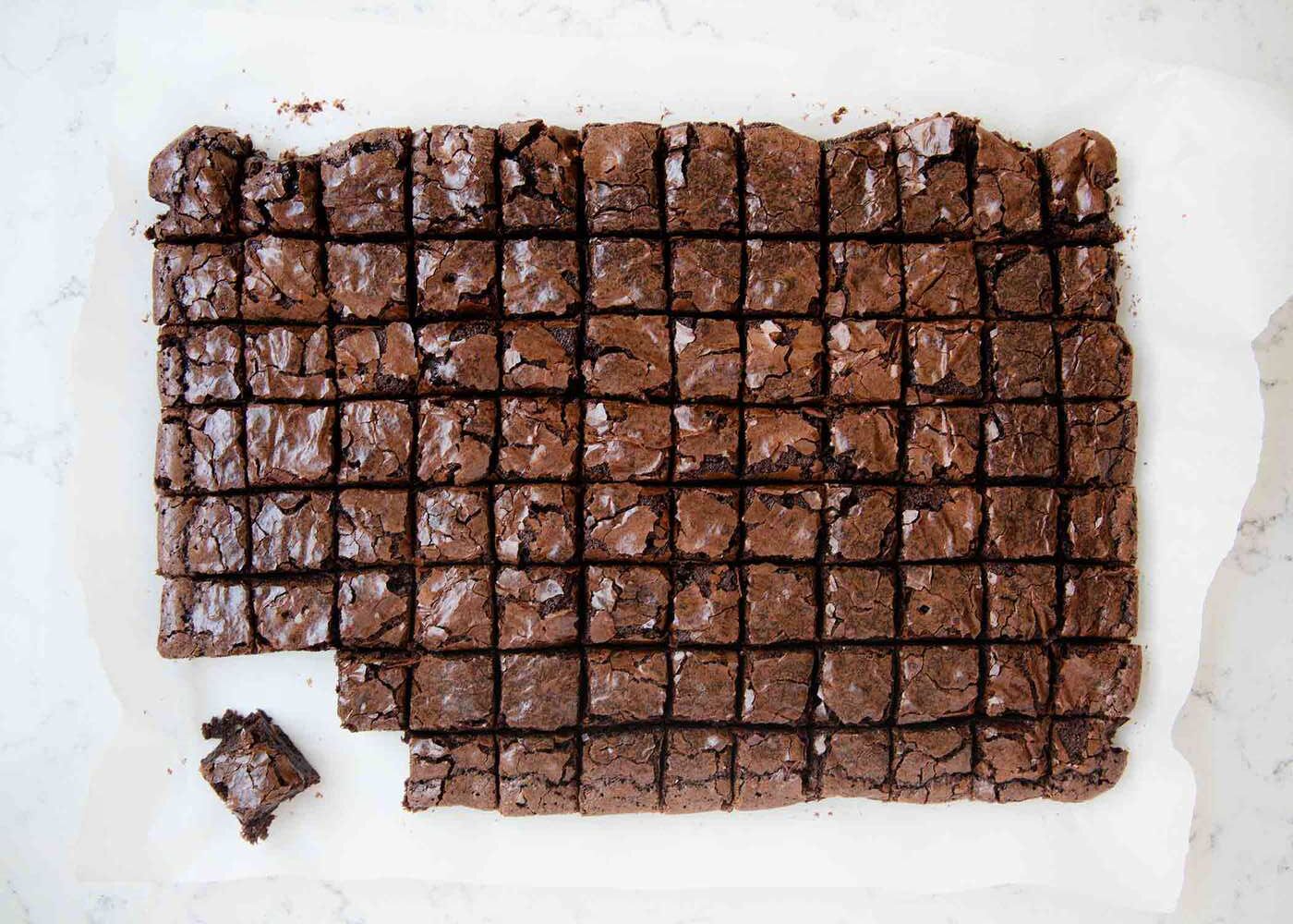 Baked brownies cut into 1 inch squares.