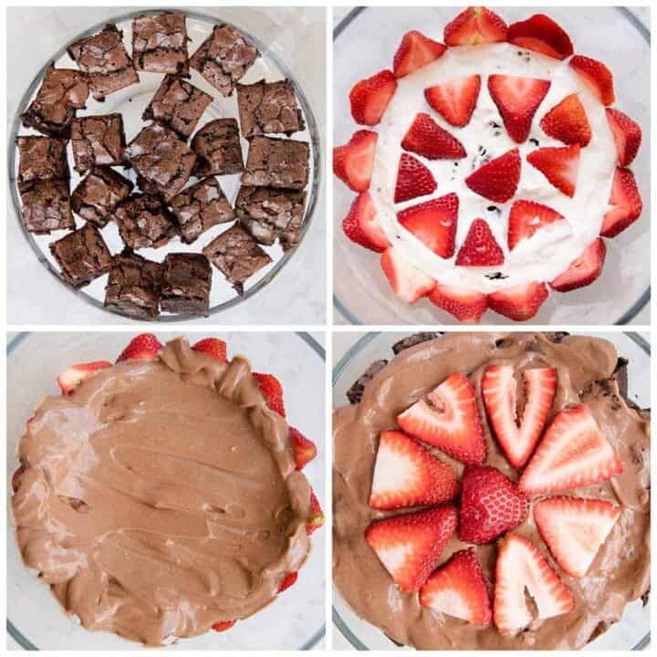 assembling the brownie strawberry trifle 