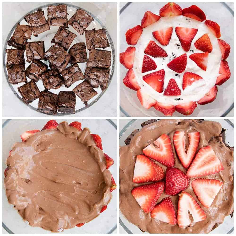 Assembling the brownie strawberry trifle.