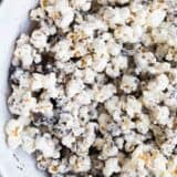 cookies and cream popcorn in a bowl