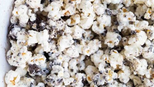 cookies and cream popcorn in a bowl