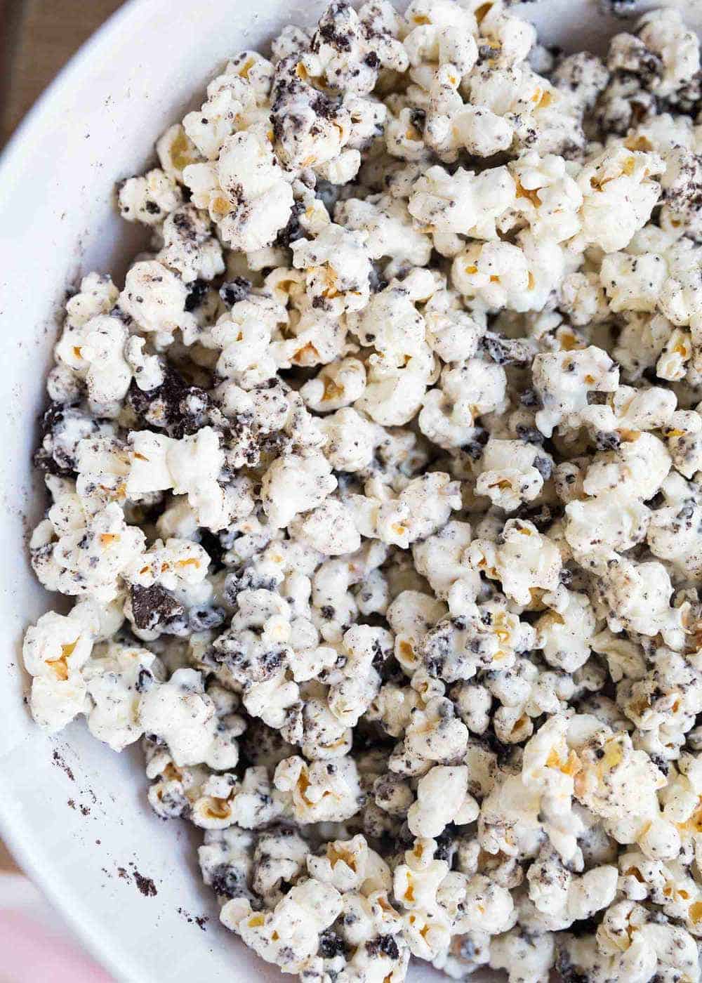 Cookies and cream popcorn in a bowl.