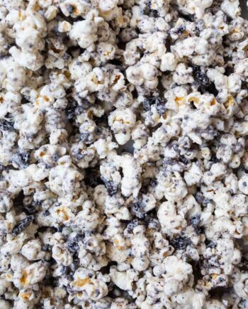 A close up of cookies and cream popcorn