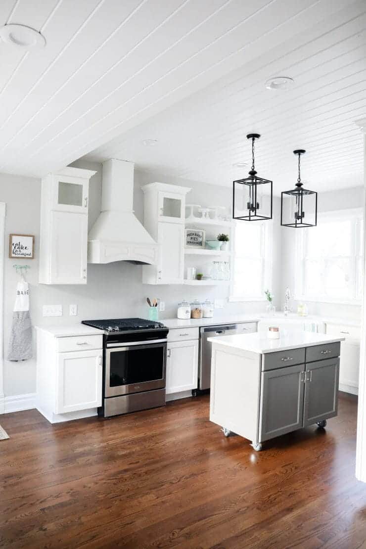 A kitchen with a wood floor