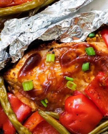 grilled BBQ chicken and veggies in foil