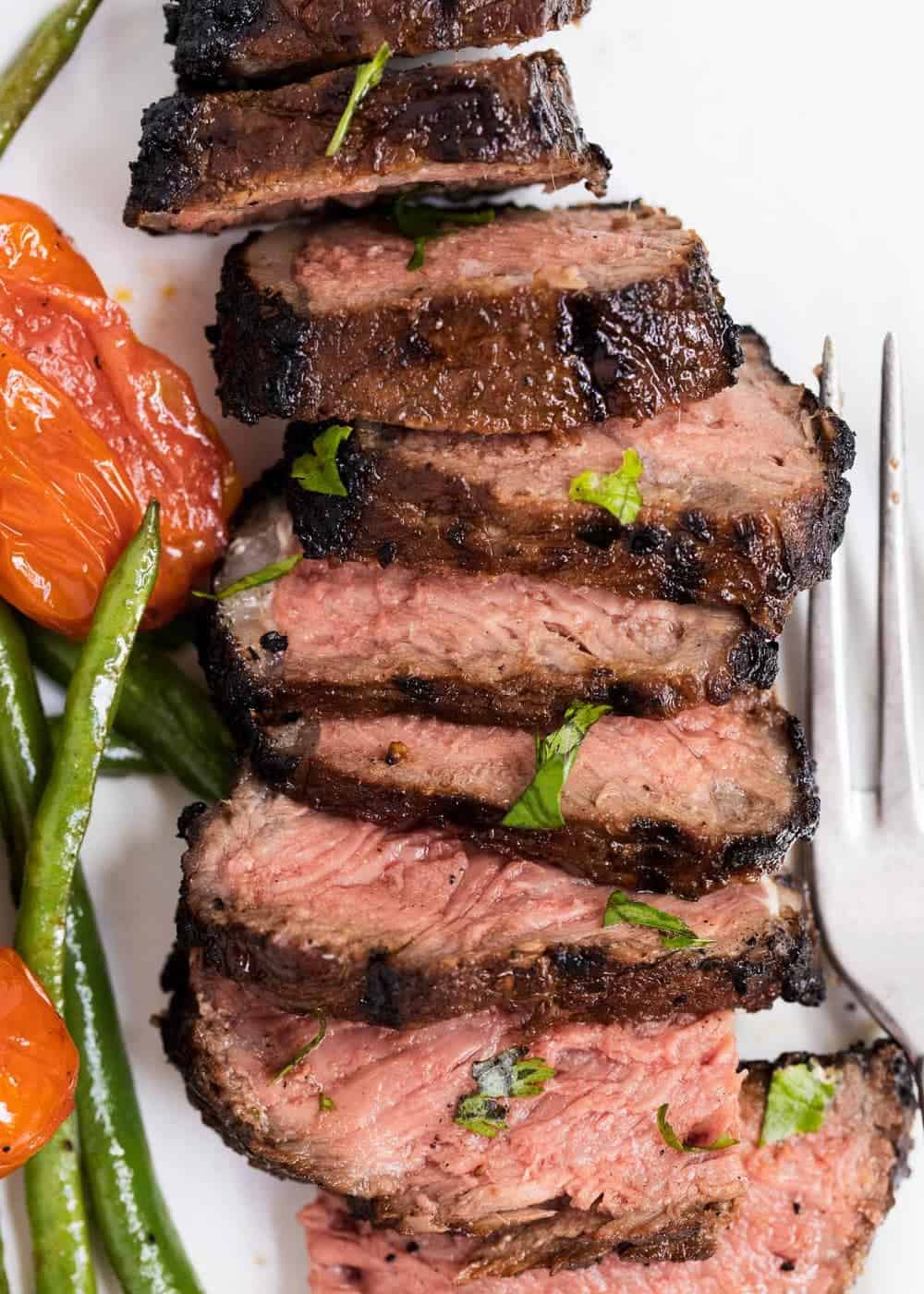 Sliced steak on a plate.