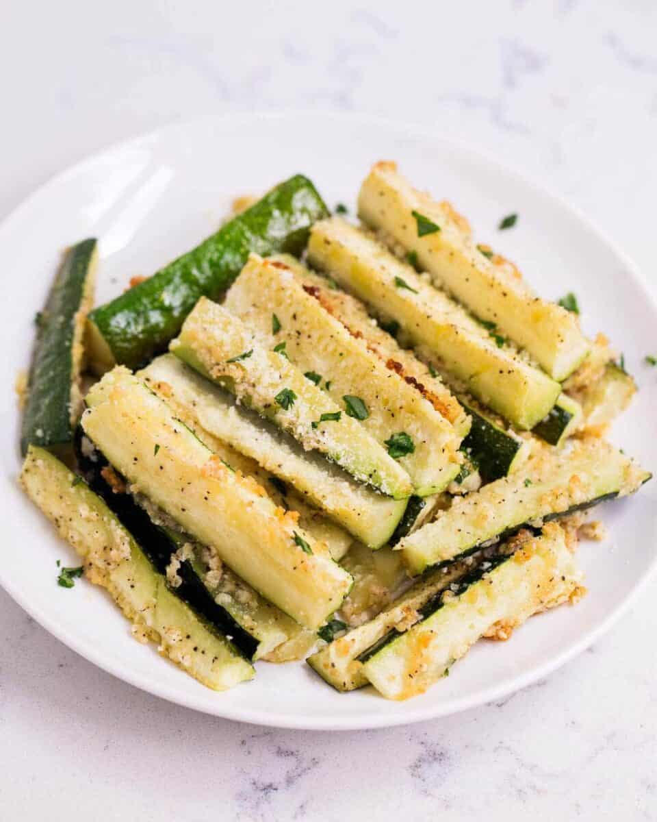 Zucchini fries with crispy Parmesan coating.