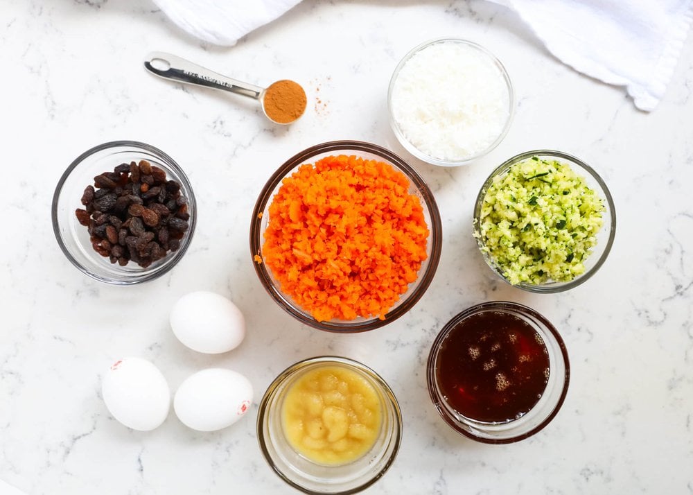 Ingredients for morning glory muffins on counter.