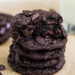 stack of triple chocolate chip cookies
