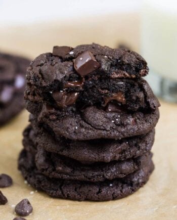 stack of triple chocolate chip cookies