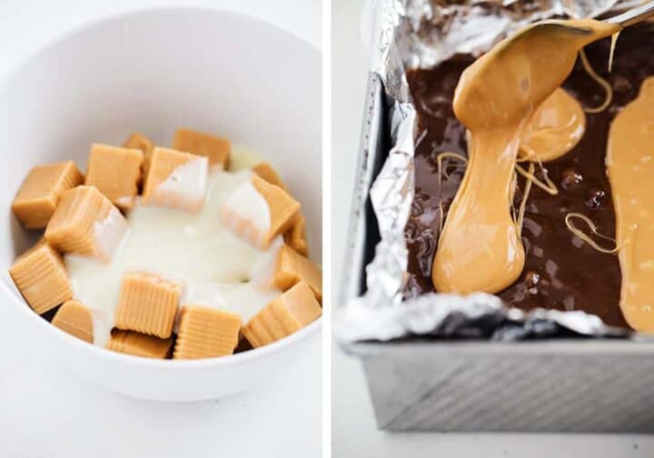 Easy to make chocolate caramel brownies that are loaded with chocolate chips and layers of gooey caramel. Rich, chewy and simply amazing! adding caramel layer over brownie batter in pan