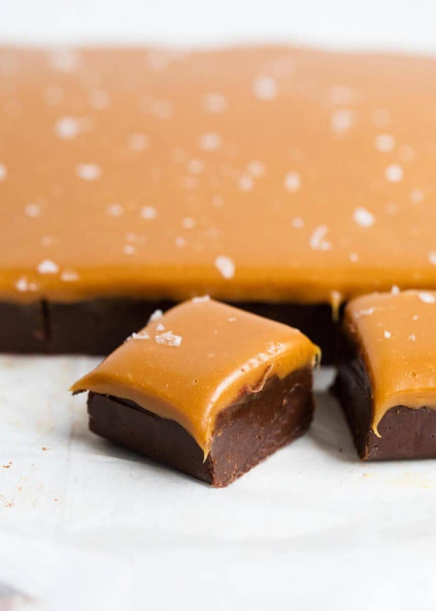 piece of microwave fudge topped with caramel and sea salt 