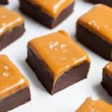 chocolate caramel fudge with sea salt on a baking sheet