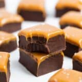 chocolate caramel fudge with a bite taken out