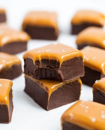 chocolate caramel fudge with a bite taken out