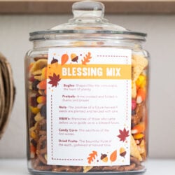Thanksgiving blessing mix in a glass jar.