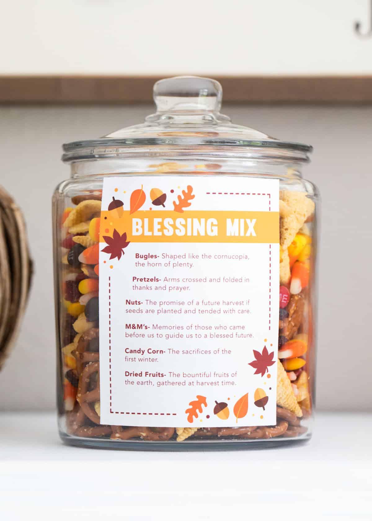 Thanksgiving blessing mix in a glass jar. 