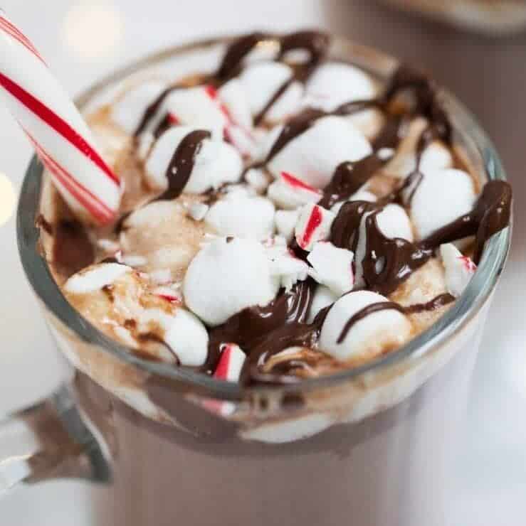 Close up of hot chocolate in mug with toppings.