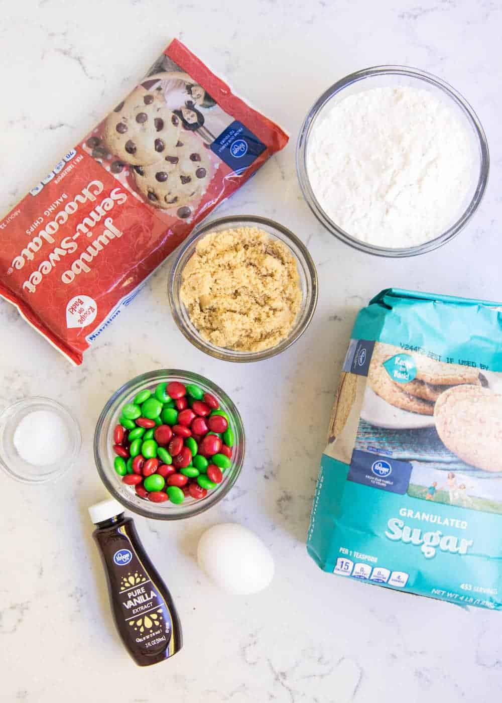 Ingredients for mason jar cookie mix.