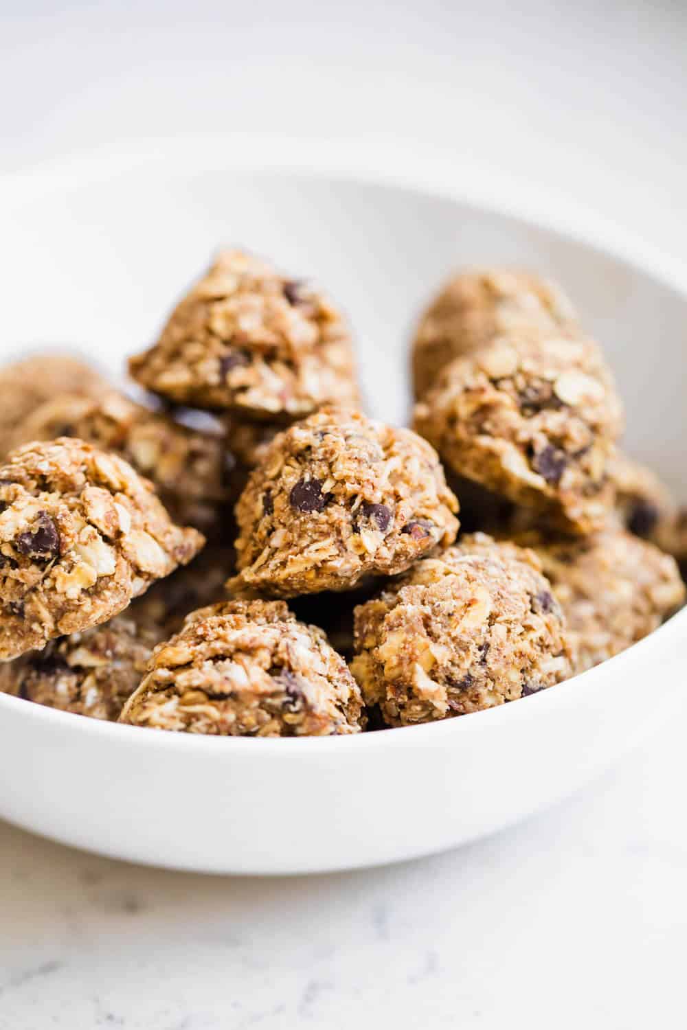 Bowl of no-bake energy balls.