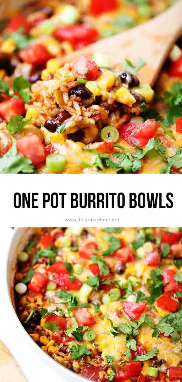 One pot burrito bowls recipe- easy and delicious one pot meal! This dinner recipe is made in one pot in 30 minutes ...making clean up a breeze. Perfect for busy week nights! burrito bowls