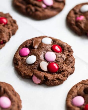 close up of a M&M brownie cookie