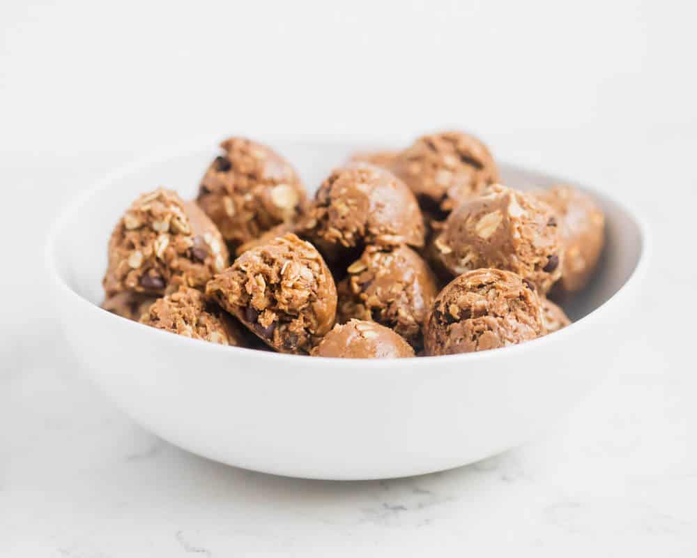 Bowl of chocolate peanut butter protein balls.