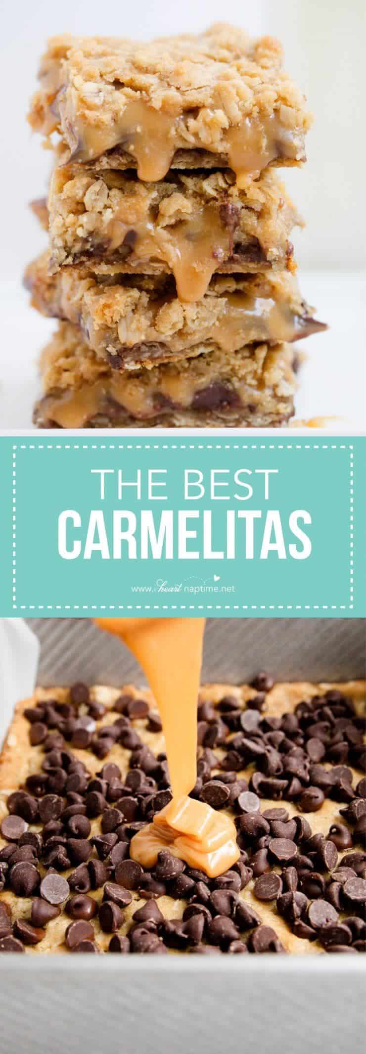 Ooey gooey carmelitas recipe -a soft and chewy brown sugar oatmeal cookie crust with a thick layer of chocolate and caramel. Take one bite and you'll be hooked!