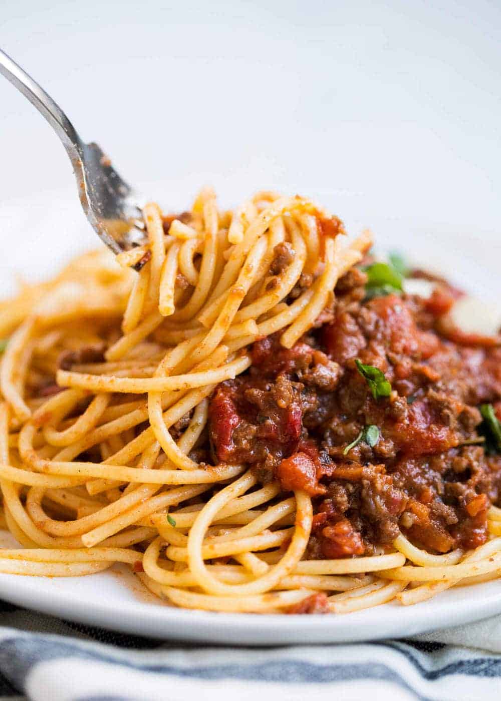 Twisting spaghetti bolognese on fork. 